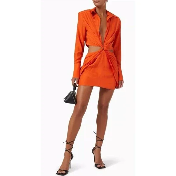 $660 GAUGE81 Mandarin Plunge Neck Cutout Dress Long Sleeve 100% Silk Women Small